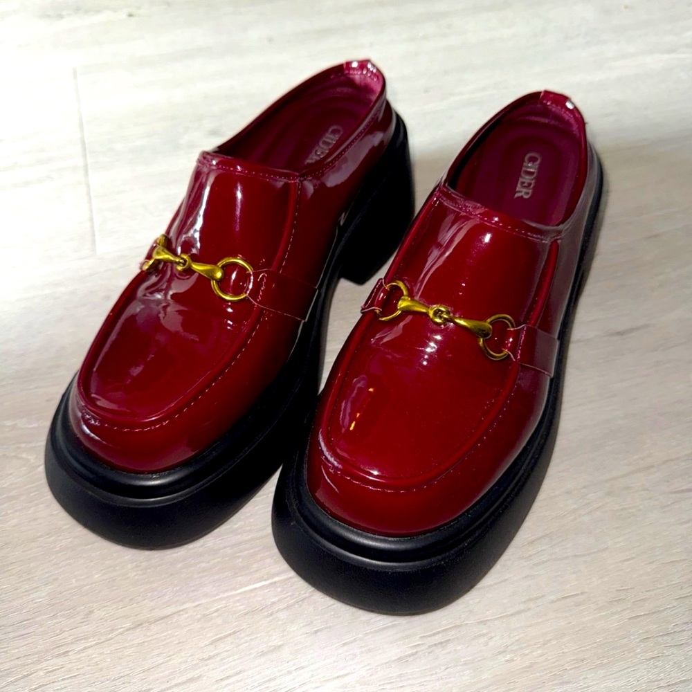 Cider Red Patent Loafers with Gold Detail